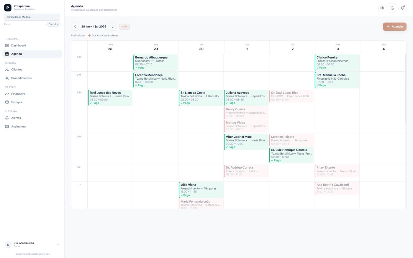 Tela de Agenda do Prosperium Clinic